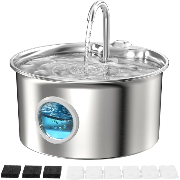 Fontaine Eau Chat INOX: Fontaine Chat Acier Inoxydable Automatique - 2,6L Silencieuse Distributeur d'eau Électrique avec Robinet pour Petit Chien - Filtre Multicouche avec 6 Filtres + 3 Éponges — ATMZIQXR, noté 4.5/5