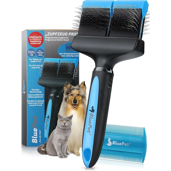 BluePet Brosse Professionnelle Chiens Chats à Poils Longs, Peigne Flexible | Brosse à épiler pour chiens & chats. Élimine doucement le sous-poil, poils morts, nœuds et le feutrage (double tête, bleue) — BluePet, noté 4.5/5