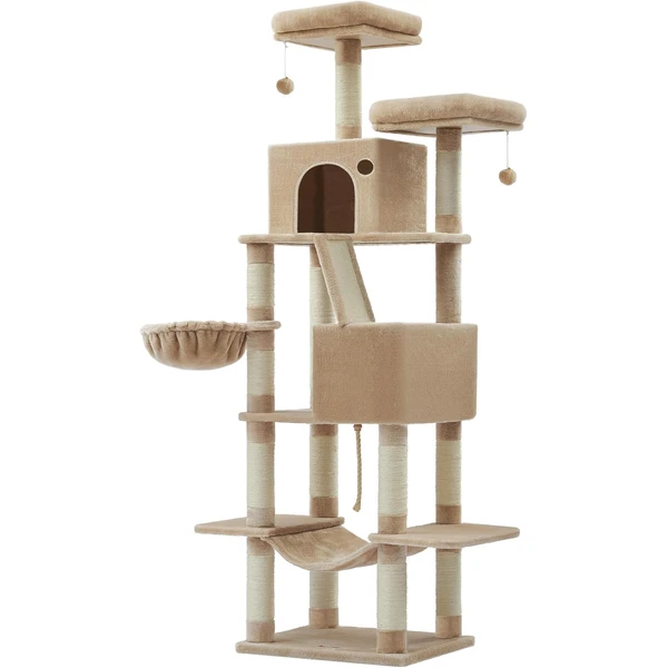Feandrea Arbre à Chat, Hauteur 206 cm, avec 13 Griffoirs, 2 Plate-Forme, 2 Niches, Panier, Hamac, Pompon, Tissu Peluche, Multi-Niveaux pour Chat d'Intérieur, Marron Camel PCT190K01 — Feandrea, noté 4.7/5