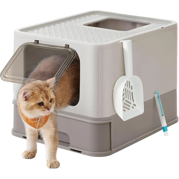 Feandrea Bac à Litière Fermé, Maison de Toilette, Plateau Amovible, Pelle, Brosse, pour Grand Chat, Capacité de Charge 15 kg, Anti-Traces, Anti-fuites, Gris Clair et Gris Foncé PPT001G01 — Feandrea, noté 4.4/5