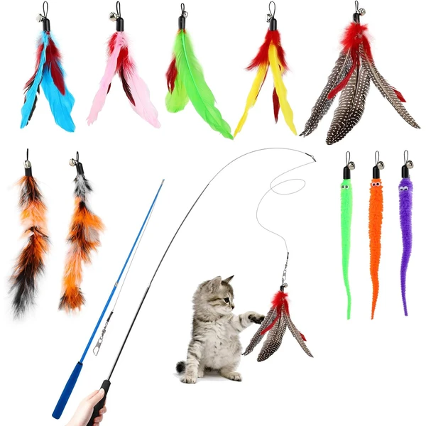 Hianjoo Jouet à Plumes pour Chats 12 PCS, Jouets Interactifs pour Chats | 2 Bâtons Drôles de Baguette Rétractable pour Chat et 10 Plumes de Remplacement avec Cloche pour Chats et Chatons D'intérieur — Hianjoo, noté 4.5/5