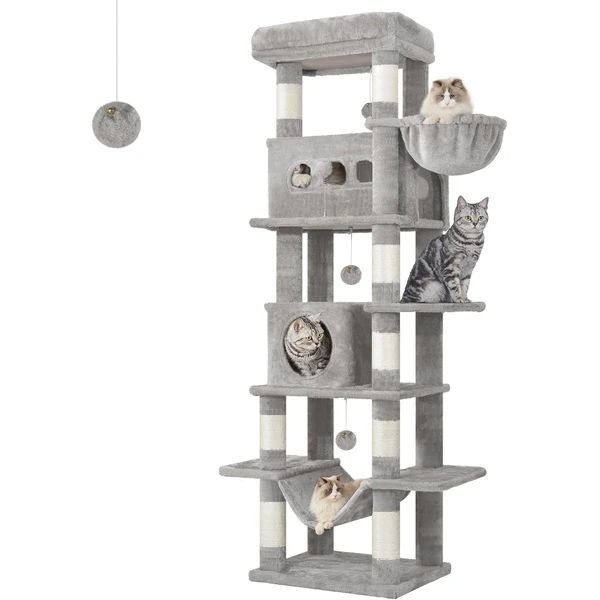 Hzuaneri 170 cm Grand Arbre à Chat, avec Grand Perchoir, Gris Clair | Tour à Chat pour Chats D'intérieur, Tapis Lavable, 2 Niches Chats, 8 Griffoirs, Hamac, Pompons, MS17018LG — Hzuaneri, noté 4.8/5