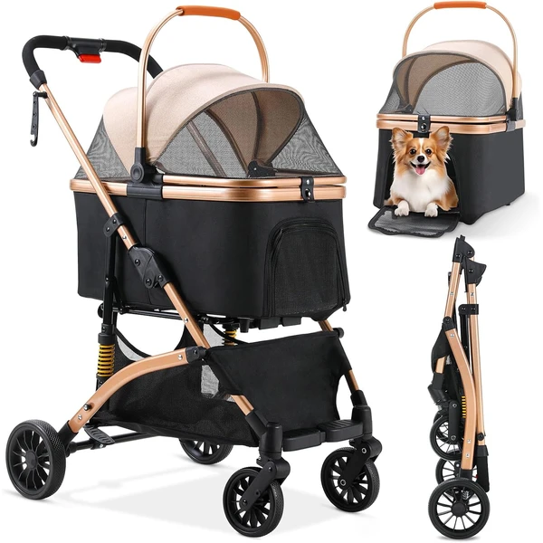 MAMIZO Poussette Chien 3-en-1, Poussette Buggy Pliable, Poussette pour Chat | Panier de Rangement, Fenêtre en Filet, pour Petits Chiens et Chats, max 20kg, 4 Roues Résistant à l'Usure à 360°, Champagne — MAMIZO, noté 4.6/5