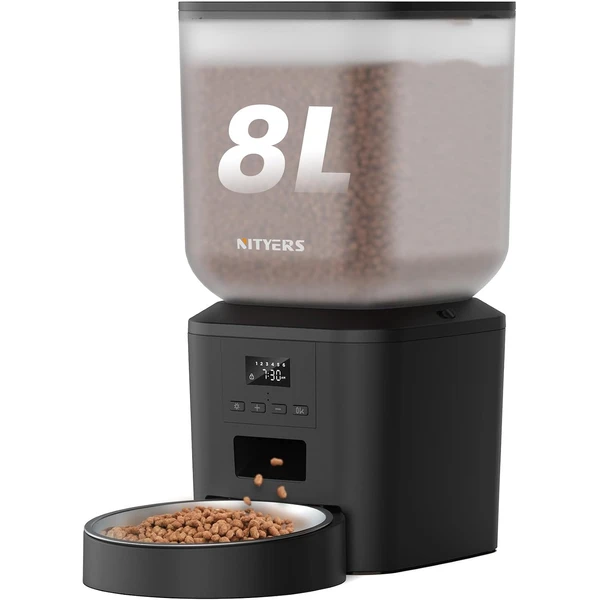 Distributeur Croquettes Chat et Chien Automatique, 8L Grande Capacité | Jusqu’à 18 mm pour Croquettes, Sans Blocage, 1-6 Repas par Jour, avec Cuve en Acier Inoxydable, Enregistreur Vocal 10s — Nityers, noté 4.3/5