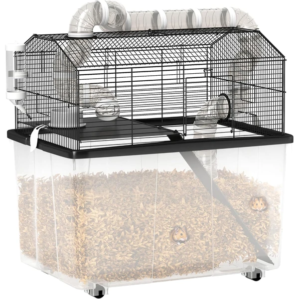 PawHut Cage pour Hamster, Cage pour Hamster avec Rampe, gamelle, Bouteille d'eau, système de tuyaux, 58 x 43 x 57 cm, Noir — PawHut, noté 4.2/5