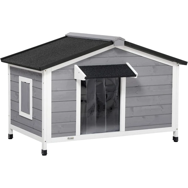 PawHut Niche Chien Style Cottage - 2 fenêtres, Porte, Toit ouvrant bitumé - dim. 109 x 79 x 72 cm - Bois Sapin Gris | Toit Ouvrant Bitumé, Bois Sapin, Extérieur — PawHut, noté 4.2/5