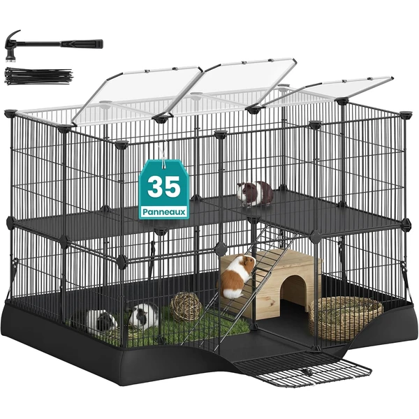 SONGMICS Enclos pour Petits Animaux à 2 Niveaux, Parc Enclos, Tapis Imperméable, Double Porte, pour Lapins, Cochons d'Inde, 35 Panneaux, 93 x 63 x 61,5 cm — SONGMICS, noté 4.2/5