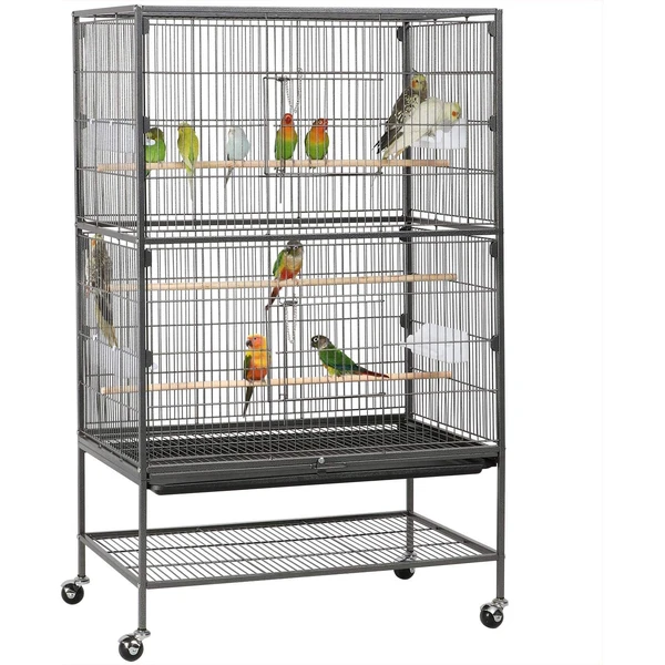 Yaheetech Grande Cage Oiseaux sur roulettes 79x52x132 cm Noir | Pour Canaries Perroquet Cacatoès, 2 étages, métal revêtement, grille hygiénique, plateau coulissant imperméable, roulettes 360° — Yaheetech, noté 4.6/5